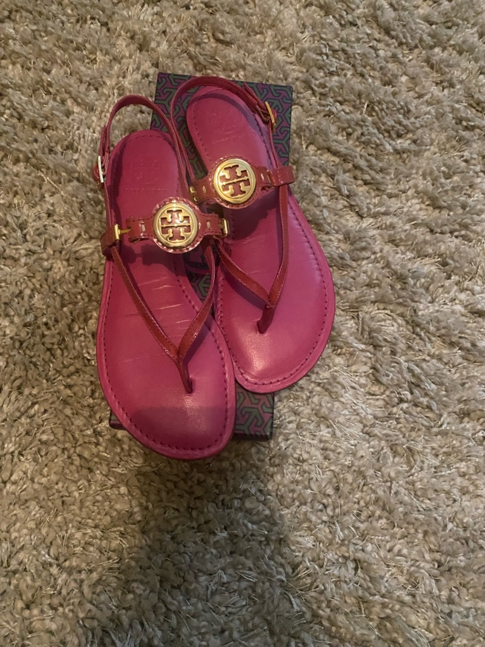Tory Burch Hot Pink Miller Logo Slingback Sandals with Gold Medallions - Picture 2 of 9